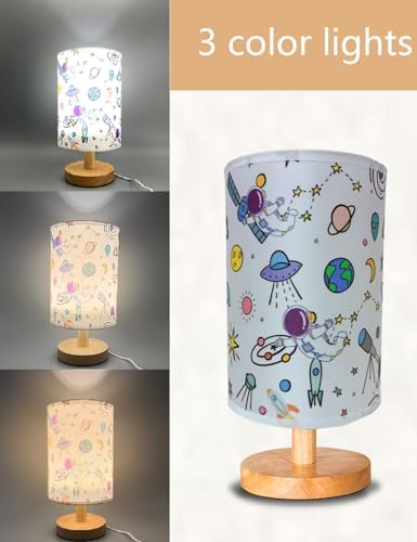 Astronaut Kids Table Lamp, Astronauts Room Decor for Boys,3 Level Dimmable Wood Nightstand Desk Base Flaxen Fabric Shade for Bedroom Living Room,Astronauts Gifts for Boys