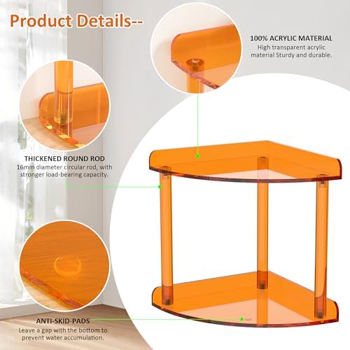 Sezanrpt 2 Tier Countertop Corner Organizer Shelf 7x7x8 Inch, Orange Acrylic Bathroom Corner Shelf for Countertop, Vanity Storage for Skincare, Cosmetics, Perfume