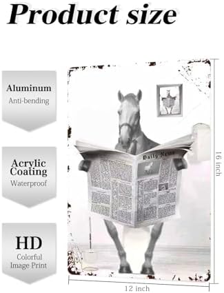 Metal Tin Sign Vintage Horse Toilet Reading Newspaper Humour Funny Animal Whimsy Animal for Home, Bathroom and Toilet Wall Decor 12x16 Inch(812B)