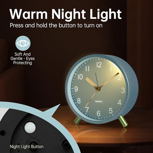 JALL Analog Alarm Clock, 4 inch Super Silent Non Ticking Small Clock with Night Light, Battery Operated, Simple Design, Easy Setting for Office, Bedroom, Bedside, Desk, Teens, Elders, Adult, SkyBlue
