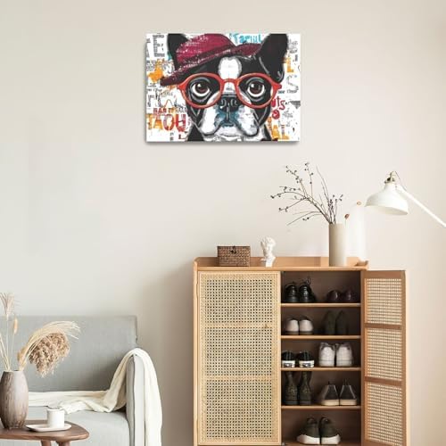 French Bulldog Decor Wall Art Funny Graffiti Dog Pictures Cute Puppy Canvas Prints Painting Pet Artwork English Bulldog Decorations for Bathroom Bedroom Living Room Framed Dog Lover Gifts 16"x24"