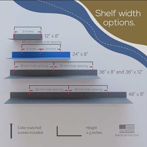 24x8 in Metal Floating Shelf Blue Wall Mounted - Made in The USA - Bedroom, Living Room, Bathroom, Kitchen