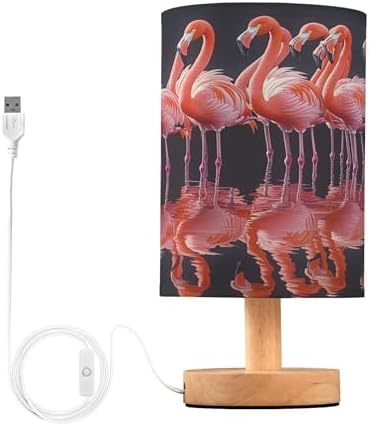Pretty Flamingo Lining Up Table Lamp with Wood Base Fabric Lamp Shade Bedside Nightstand Desk Lamp for Living Room Bedroom Kids Room Office