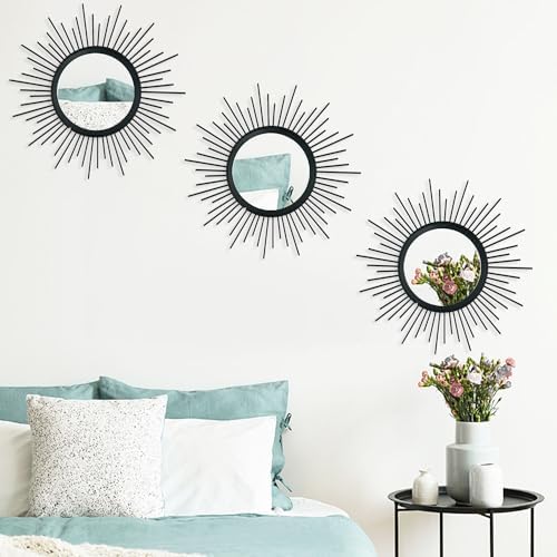 3 Pack Metal Mirrors for Wall Sunburst Wall Mirrors Home Décor Decorative Hanging Wall Art for Living Room Bedroom Entryway (Black, Sunburst)