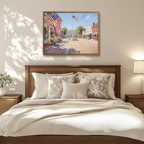 American Flag Framed Canvas Wall Art, 4th of July Patriotic Canvas Prints | USA Flag with Small Town Street Poster Print, Independence Day Wall Decor for Bedroom Living Room 24×36in
