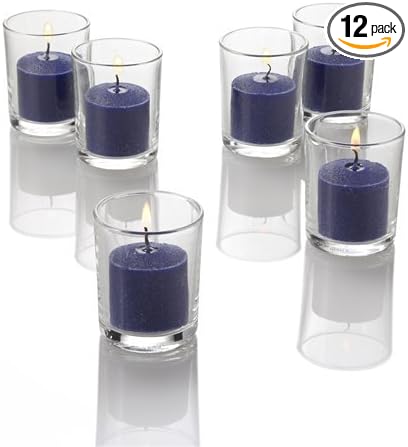 Set of 12 Richland Votive Candles Navy Blue Unscented and 12 Clear Glass Eastland Votive Holders