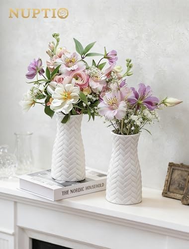 NUPTIO White Ceramic Flower Vase, Woven Texture, 7.9" Tall, Unglazed | Gold Flower Arrangement Holder, Welcome Floor Stands, for Wedding Ceremony