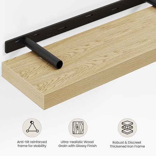 Vivelove 12 Inch Floating Shelves Wall Mounted for Display, 6.5 Deep Duty Shelves with Invisible Brackets for Living Room,Bedroom,Kitchen, Bathroom Storage & Decor,12" Wx6.5 Dx1.4 H - Oak