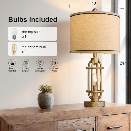 G-SAFAVA 23.75'' Table Lamps Set of 2 for Living Room Bedroom Industrial Farmhouse Metal Touch Lamps with USB A+C Ports, Night Light Vintage Nightstand Bedside Lamp, Bulbs Included, Champagne Gold