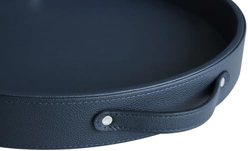 HofferRuffer Top Nocth PU Leather Round Serving Tray, Decorative Serving Tray with Handles, Coffee Tray, Ottoman Tray for Home Or Office, Diameter 14.6-inch (Dark Blue)
