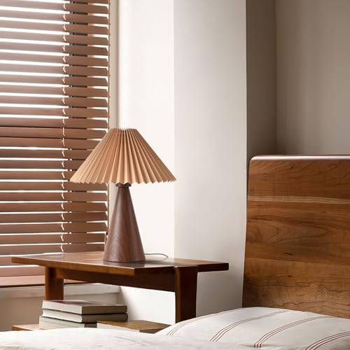 Ziqqeelam Wood Touch Control Table Lamp, Mini Cute Table Lamp, Wooden Grain Bedroom Lamps for Nightstand, Small Scalloped Lamp Shade Table Lamps for Small Spaces for Bedroom,Living Room