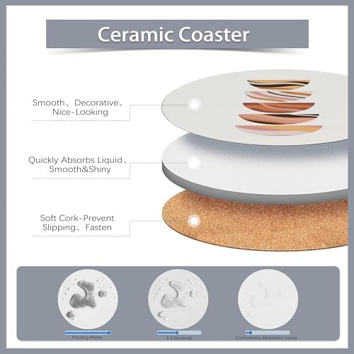 6 Pcs Coasters for Drinks with Holder,Minimalist Geometric Boho Absorbent Coaster with Cork Backing,Great Gift for Housewarming,Room Decor,Bar,Holiday Party