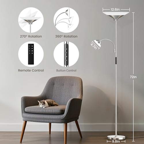 SIBRILLE Metallic Sliver Torchiere Floor Lamp, 2 Way 72'' Dimmable LED Standing lamp with Rmote, Multi Color Temps, 34W Tall Light with Independent Control for Living Room Bedroom Office Reading ﻿