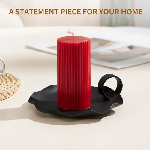 Candle Holders for Pillar Candles 5.5" Overall Width Black Metal Holder with Plate, Fits Pillar Candles up to 3.3" in Diameter & Flameless, Modern Minimalist Candle Dish (2 PCS, Black)