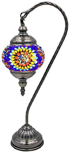 SILVERFEVER Handcrafted Mosaic Turkish Lamp Moroccan Glass Table Desk Bedside Light Bronze Base with E12 Bulb (Floral Burst Lattern)