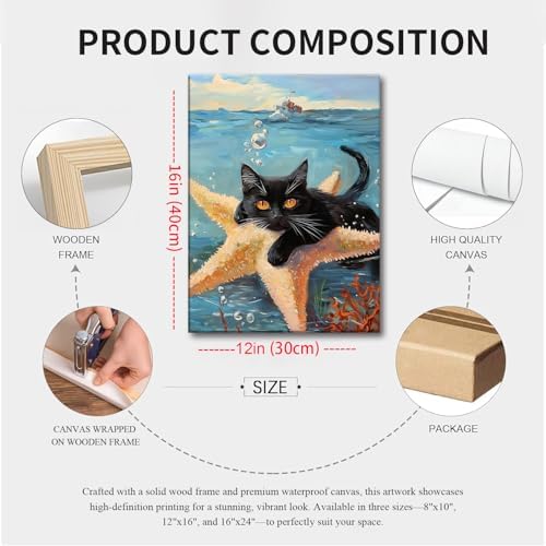 Framed Black Cat Ocean Wall Art, Cute Cat Holding Starfish Canvas Print, Funny Animal Lovers Sea Life Painting Picture for Bathroom Bedroom Kids Room Home Decor 12x16 Inch