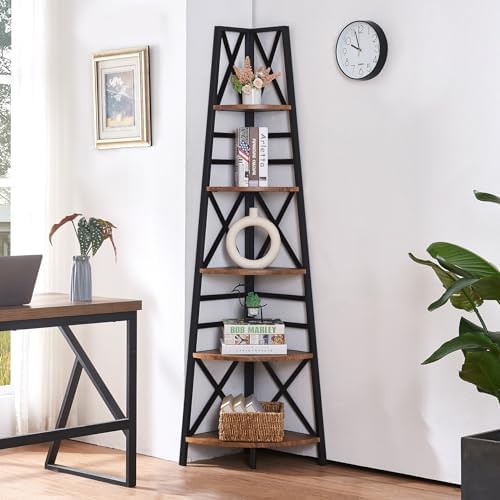 HOMBAZAAR 5 Tier Corner Shelf,72 Inch Tall Corner Bookshelf,Rustic Brown