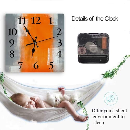 LOKMU Silent Non Ticking Clock 12 Inch, Square Wall Clock,Decorative for Living Room, Kitchen, Home,Bathroom, Bedroom, Office or School Grey and Orange Abstract Art Painting
