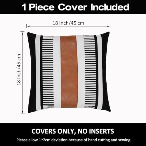 Farmhouse Decorative Throw Pillow Cover for Sofa Couch Accent Faux Leather Square Cushion Cover Tribal Stripe Boho Pillow Case 18 x 18 Inch,Black