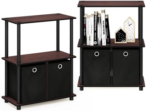 Furinno TURN-N-TUBE Storage Shelves Set of 2, 3-Tier Toolless Book Shelf with Storage Bins, Display Shelf, for Organization and Storage, Living Room, Garage, Home Office, Dark Cherry