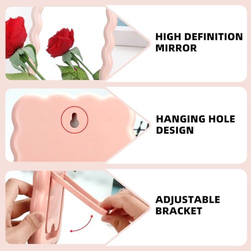 Wave Table Desk Vanity Makeup Mirror Small Make Up Office Mirror Pink | Desk Decor,Cute Mirror,Cute Desk Accessories,Mini Mirror,for Standing Hanging,6.7X5.3Inch,Home Decor