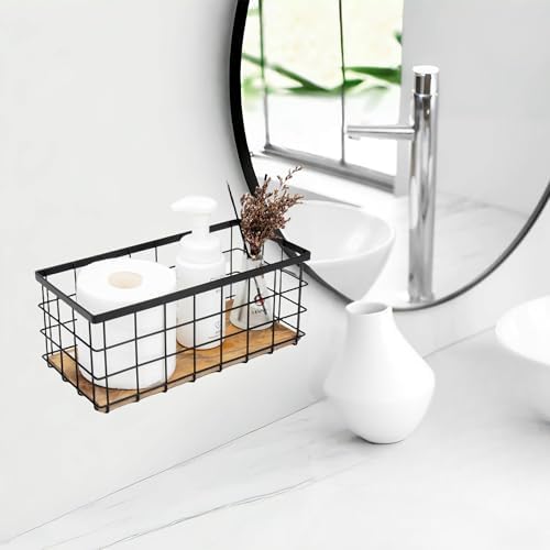 TIEYIPIN Black Metal Wire Storage Baskets with Wood Bottoms, Bathroom Storage Organizer Basket Bins, Set of 2 - Includes 2 Bonus Adhesive Hooks for Easy Wall Mounting