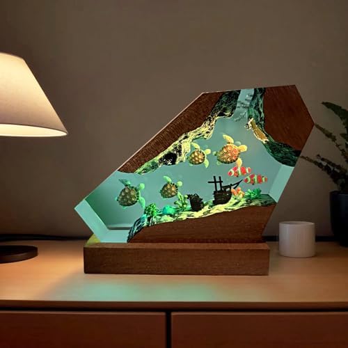 Handmade Turtles Resin Ocean Lamp with Wood Base