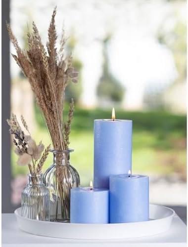 CANDWAX Assorted Pillar Candles Set of 3 – Sizes 3", 4", 8" Unscented Dripless Large Candles, Rustic Finish Long Burning for Weddings, Home Decor – Light Blue