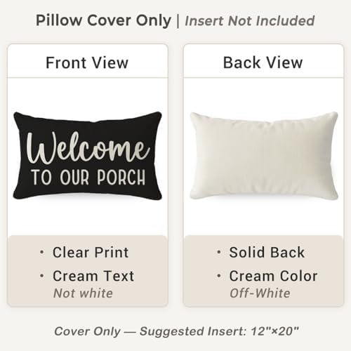 PANDICORN Outdoor Throw Pillow Cover 12x20 Inch Welcome to Our Porch, Black