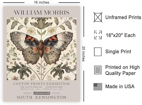 Poster Master Butterfly Print - William Morris Poster - Flower & Animal Art - Botanical Exhibition Illustration - Floral Moth Artwork - Aesthetic Office or Bedroom Decor - 16x20 UNFRAMED Wall Decor