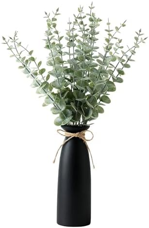 Vase with Greenery, 20pcs Artificial Eucalyptus Stems in Black Vase, Fake Plant Home Decor, 19" Decorative Faux Plants for Home Farmhouse Mantle Centerpiece Decor