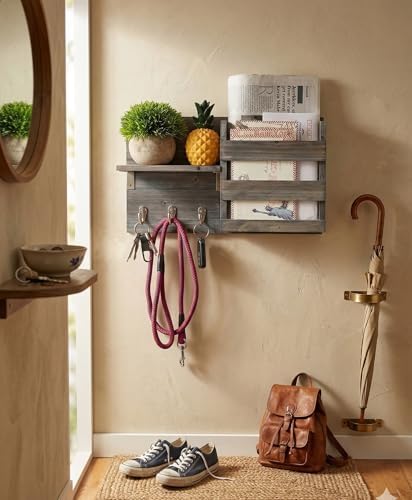 Wall-Mounted Key Holder Hooks - Rustic Wood Weathered Grey & Black - Entryway Organizer for Mail, Leashes, and Purses - Floating Shelf, 16.5” W x 9.75" H x 4.5” D