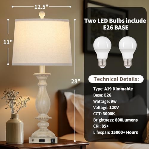 CINSARY 28" Tall Farmhouse Table Lamps for Living Room Set of 2,Vintage Rustic Beige Bedside Touch Lamp with USB C+A Ports & AC Outlet, 3-Way Dimmable Resin Nightstand Lamp for Bedroom Entryway Office