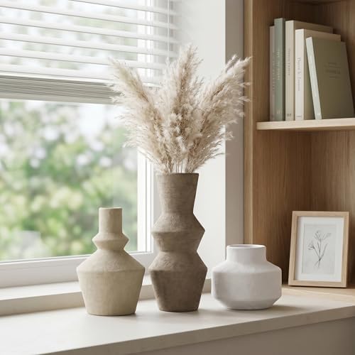 DREAMLOOM Modern Modern Ceramic Vase Set of 3, Brown | Funnel Shaped, Farmhouse Rustic, Pampas Grass, Home Decor, Living Room Bedroom Kitchen Shelf Centerpiece