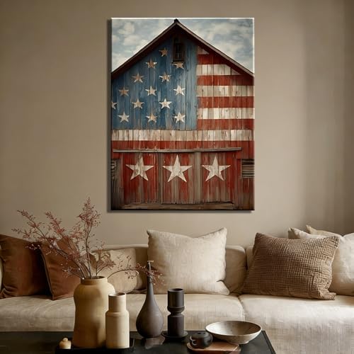RIBNTAK Rustic American Flag Barn Canvas Wall Art, Vintage Patriotic Farmhouse Artwork Pictures, Americana Country Wall Decor for Living Room Bedroom Entryway Office