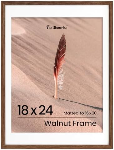 Fun Memories 18x24 Poster Frame, Solid Oak Wood Poster Frames, Modern Photo Frame for Wall 18x24 with 16x20 Mat, High Definition Plexiglass & Wall Hook Included (Walnut, 1 Pack)