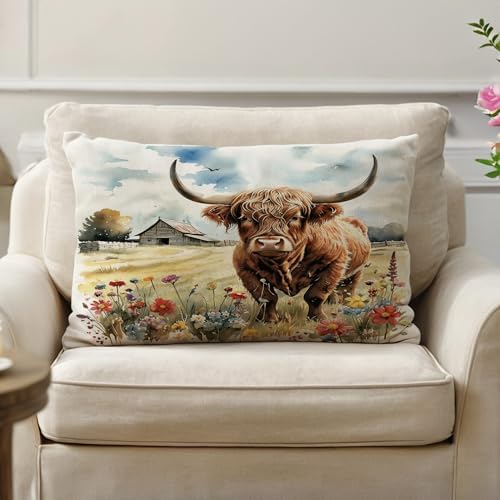 Highland Cow Decorative Throw Pillow Covers with Wildflowers 12×20 Inch Farmhouse Rustic Cushion Cover Western Cows Lumbar Pillowcase 2Pack for Couch Sofa (Yellow)