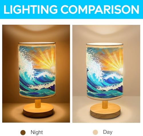 Sea and Ocean Waves Table Lamp LED 3-Color Pressed Bedside, Sea and Ocean Waves Shade Lamp with Wood Base for Bedroom Living Room Desk Office TL01
