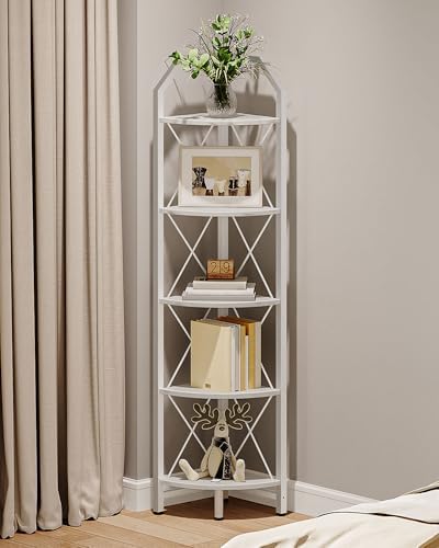 CHOEZON 5-Tier Corner Shelf, Industrial Corner Bookshelf, 59.4" Corner Storage Stand, Plant Stand Display Shelf, Corner Bookcase for Bedroom, Living Room, Home Office, White TCJ10WB