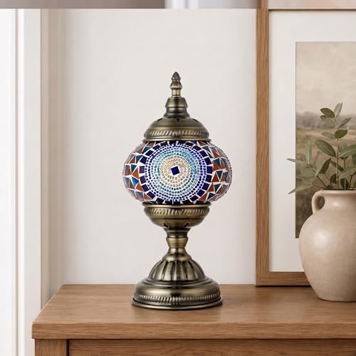 GOGERS Turkish Moroccan Table Lamp Lantern with Handmade Mosaic Glass Lampshade Tiffany Style Bohemian Stained Glass Decorative Desk Lamps Bedside Night Lights for Bedroom (Blue Colorful)