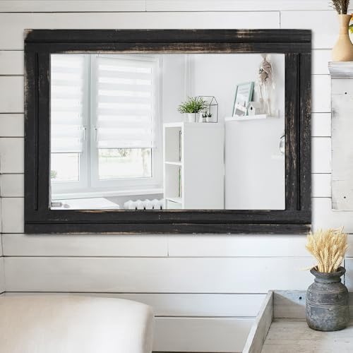 AAZZKANG Wall Mounted Mirror Small Rectangular Retro Mirrors with Wood Frame for Bedroom Living Room Bathroom Entryway Large 26"x18"