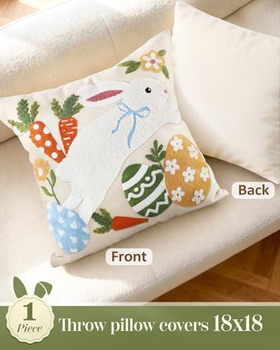Easter Pillow Cover 18x18 Inch – Embroidered Spring Throw Pillow Cover Eggs Rabbit Carrots Farmhouse Decorative Easter Cushion Case with Hidden Zipper for Couch, Sofa, or Living Room(1 Pack)