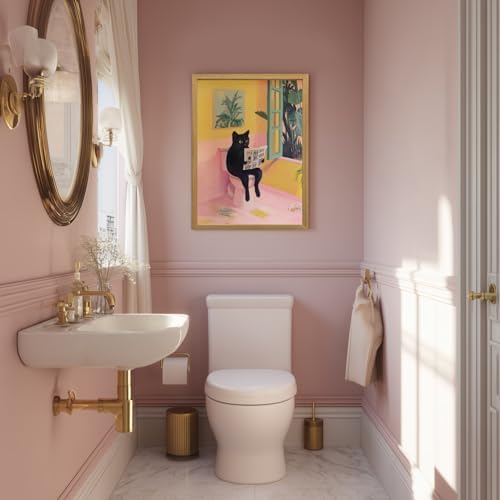 Cyebmo Funny Bathroom Wall Art, Cute Black Cat Sitting on Toilet Reading Newspaper Wall Decor, Whimsical Pink Abstract Animal Canvas Artwork for Bathroom Kid's Restroom Bedroom Wood Framed 16x24 Inch