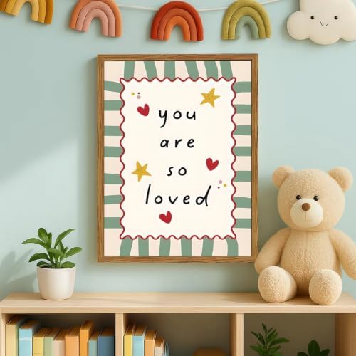 Framed You Are So Loved Wall Art, Cute Baby Boy Girl Nursery Wall Decor, Sage Green Striped Inspirational Quote Paintings Canvas Prints Pictures for Toddler Kids Bedroom 12x16 inch