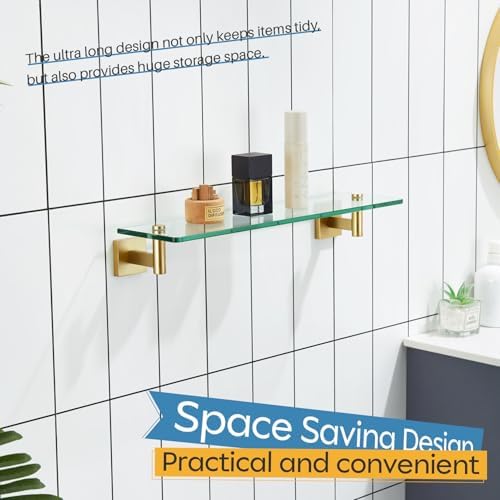 KOKOSIRI Wall Shelves Floating Shelf 20'' Gold Stainless Steel Bathroom Hardware Tempered Glass Hanging Rack Storage/Room Decor 2 Pack B1105BG-L20-P2