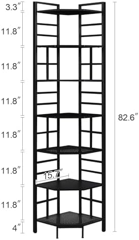HOMISSUE Corner Shelf, 7 Tier Tall Narrow Bookshelf 82.6", Industrial Corner Bookcase with Storage for Home Office Living Room and Bedroom, Black