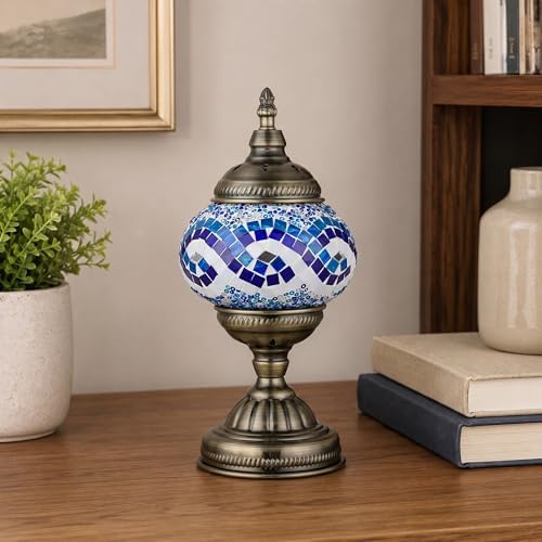 GOGERS Turkish Moroccan Table Lamp Lantern with Handmade Mosaic Glass Lampshade Tiffany Style Bohemian Stained Glass Decorative Desk Lamps Bedside Night Lights for Bedroom (White Multiple Blues)