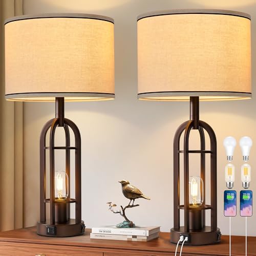 SRJJA Farmhouse Table Lamps for Living Room Bedroom Set of 2 - Rustic Industrial Bedside Lamps for Night Stands with USB A+C, 24" Vintage Nightstand Lamp with Night Light, Bulbs Included