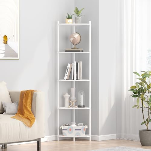 Wisuce White Tall Corner Shelf Stand, 5-Tier Bamboo Corner Bookshelf