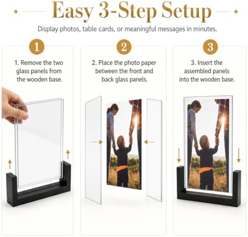 PETAFLOP 5x7 Picture Frame Set of 2, Black Rustic Wooden Photo Frames 5 by 7 Inch with HD Glass, U Shaped Double Sided Menu Holder Sign Card Stand for Tabletop Display
